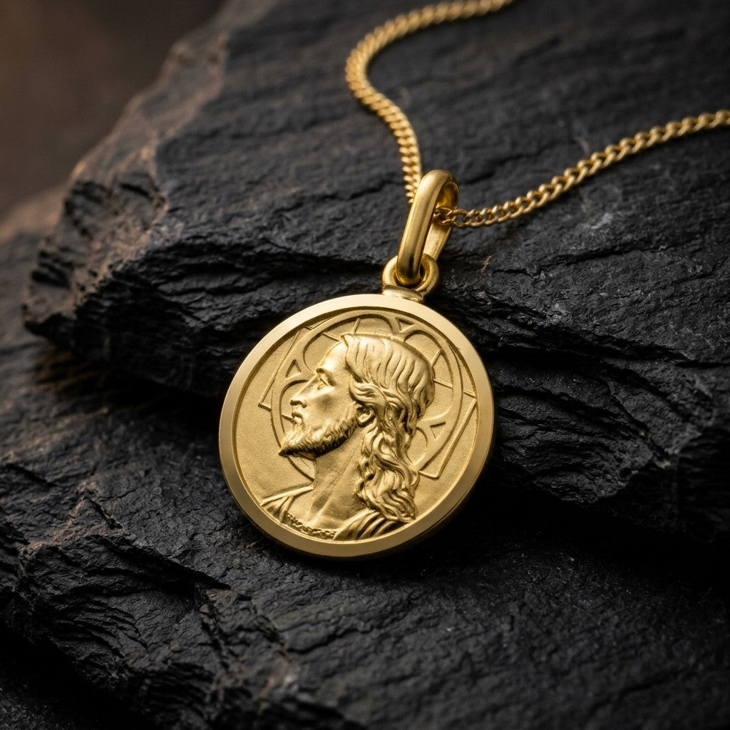 Yellow gold round Jesus medal pendant with a raised profile bust of Jesus facing left with long wavy hair and a beard, a halo behind the head and a polished rim, 14 mm wide, on a yellow gold chain resting on dark slate stone