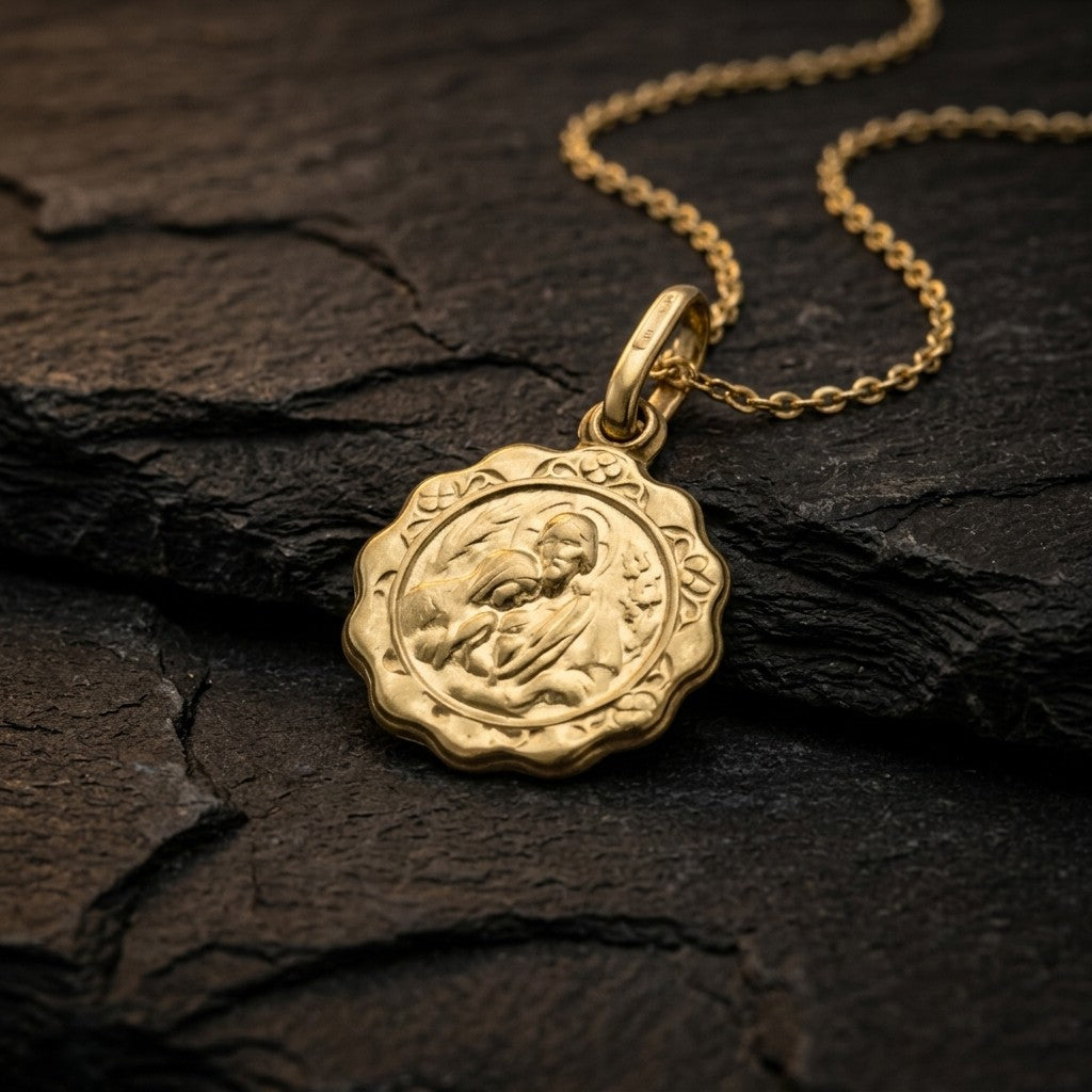 Yellow gold scalloped communion medal pendant with a scroll and flower border around a round centre of Jesus with a halo offering the communion host to a kneeling child, with wheat ears on the left and grapes on the right, 12.4 mm wide, on a yellow gold chain resting on dark slate stone