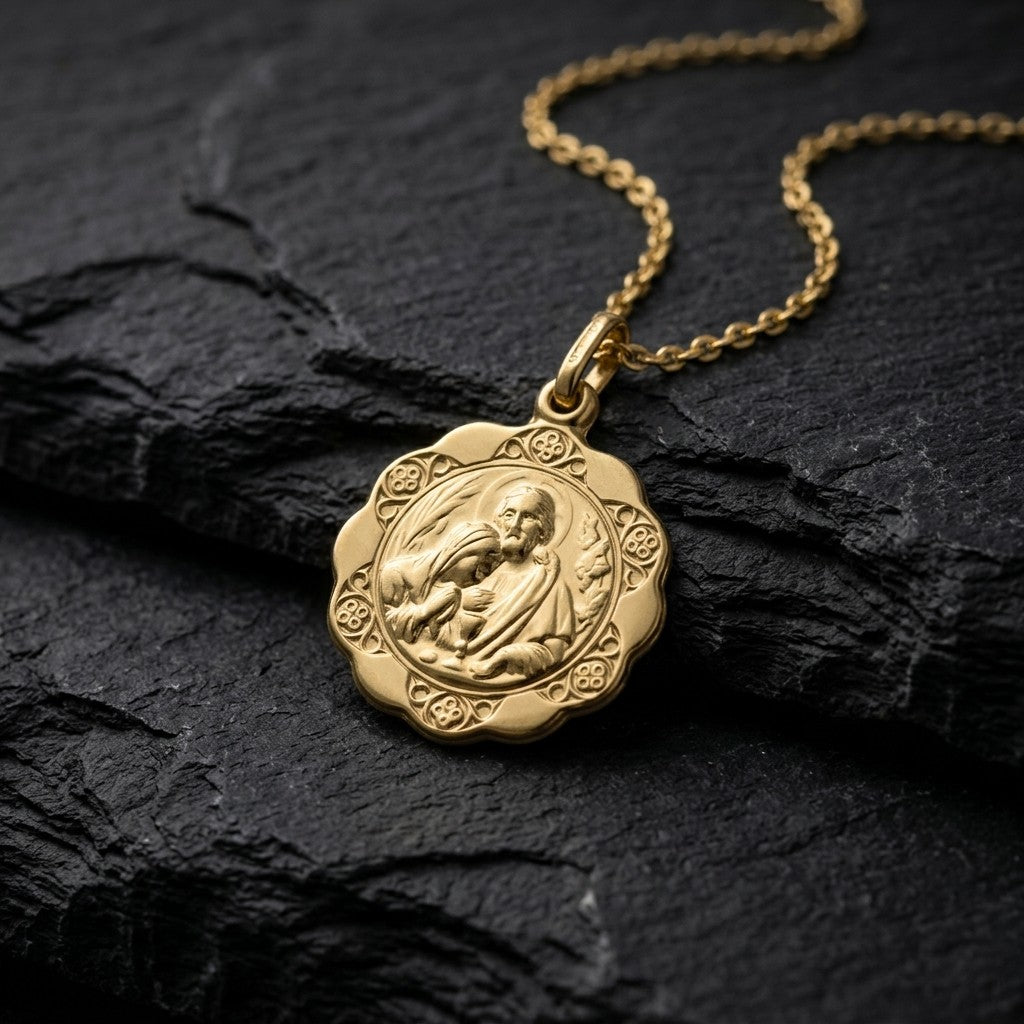 Yellow gold scalloped communion medal pendant with a wide border of raised rosette ornaments around a round centre of Jesus with a halo offering the communion host to a kneeling child, with wheat ears on the left and grapes on the right, 16.8 mm wide, on a yellow gold chain resting on dark slate stone