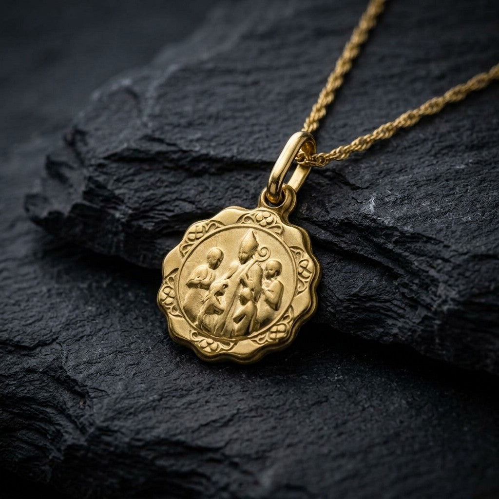 Yellow gold scalloped confirmation medal pendant with a bishop in a tall mitre laying his hand on a kneeling child, standing children at each side and rosette ornaments around the border, 12.4 mm wide, on a yellow gold chain resting on dark slate stone