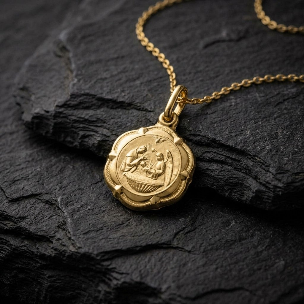 Yellow gold lobed baptism medal pendant with raised corner studs, an engraved leaf border and a priest, angel and infant at the font scene, 14 mm, on a yellow gold chain resting on dark slate stone