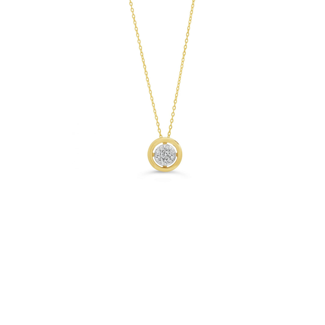 10K yellow gold pavé circle pendant necklace with 0.05ct diamond cluster on a fine gold chain.